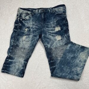 Road Narrows Mens Acid Wash Moto Biker Jeans Distressed Blue Denim Size 38